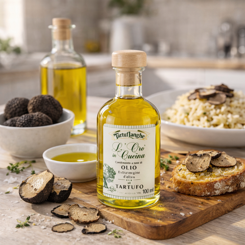 Bottle of Truffle Oil on a wooden board with truffles and pasta in the background