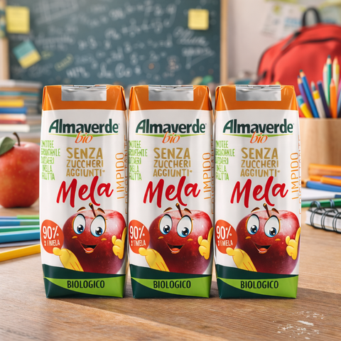 Three boxes of Almaverde Mela juice with cartoon apple characters on a school desk background.