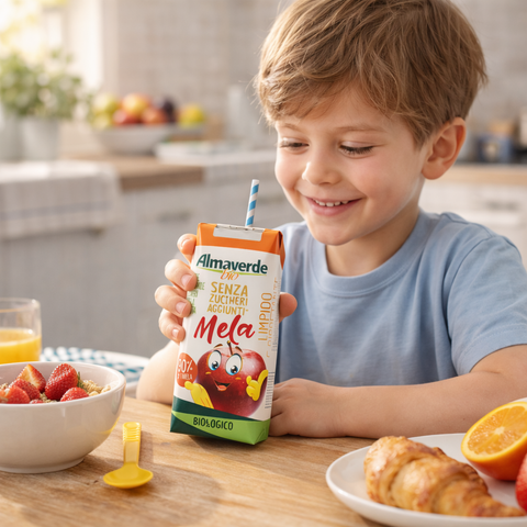 Child holding a box of Almaverde mela juice in a kitchen setting